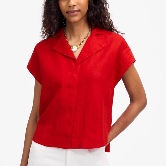 Madewell Resort Collar 100% Linen Cap Sleeve Blouse Red Size S NWT - Picture 1 of 8